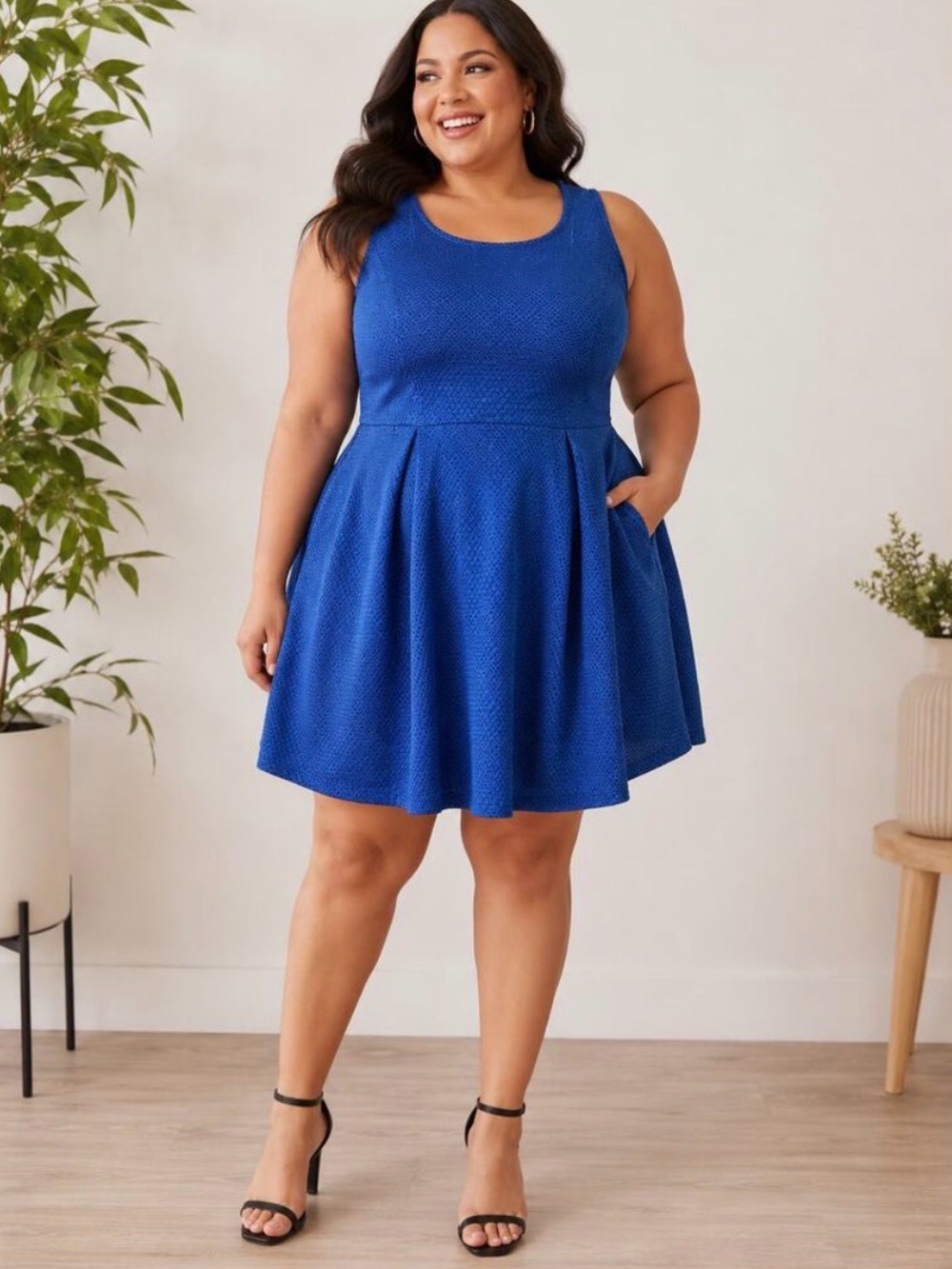 Lane Bryant Cobalt Blue Textured Sleeveless Fit-and-Flare Dress